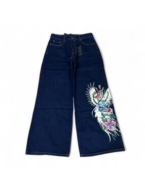 Ed Hardy navy blue jeans with floral embroidery design